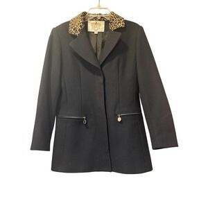 Vintage RZR Weather Wise Black Wool Coat Leopard Faux Fur Collar Womens 5/6 - XS